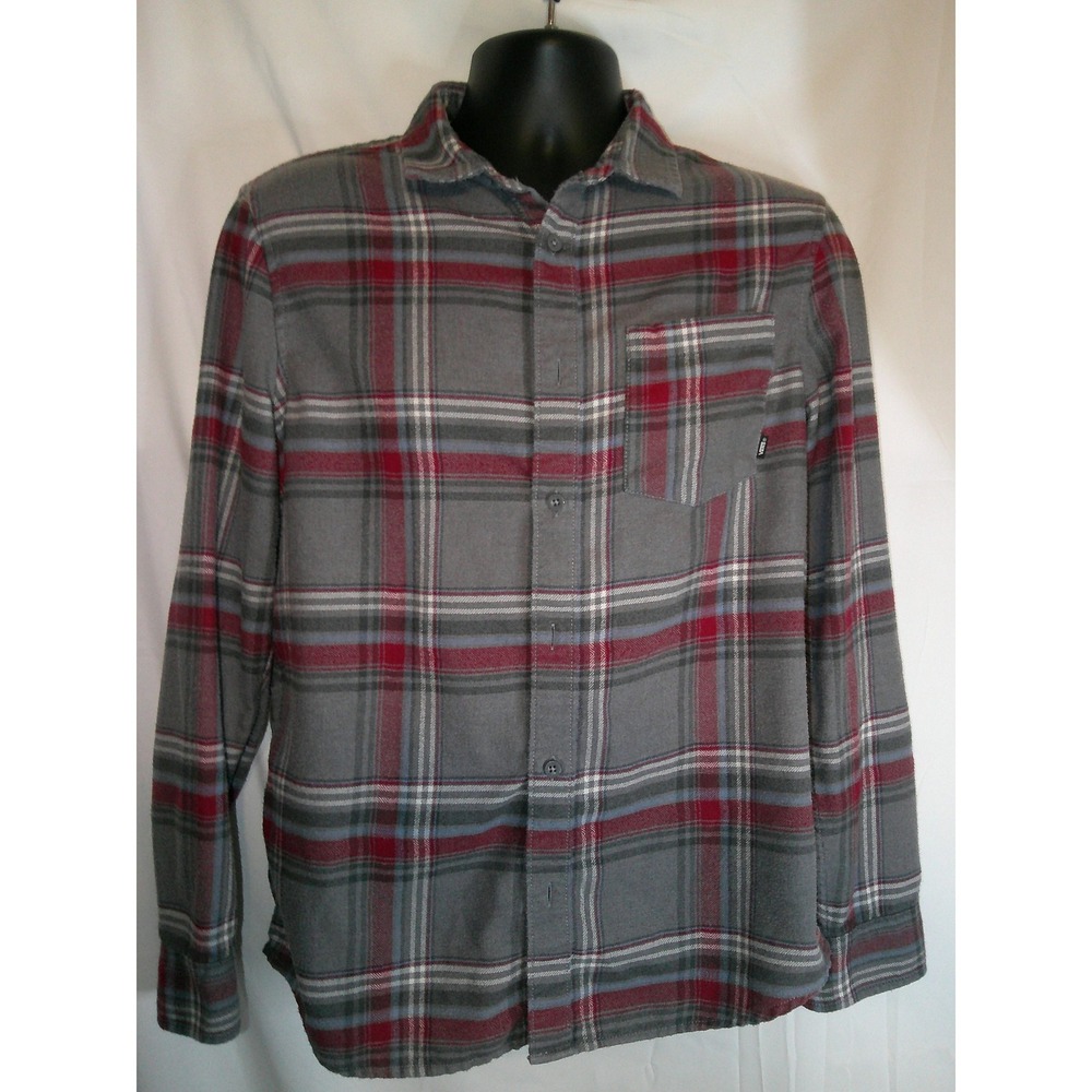 Vintage Vans Flannel Shirt Plaid Long Sleeve Button Up Casual Gray‎ Red Mens S
